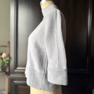 Sweater Fine Merino Wool Mock Neck‎ Elbow Sleeve Cropped Ribbed Grey M Knit Top